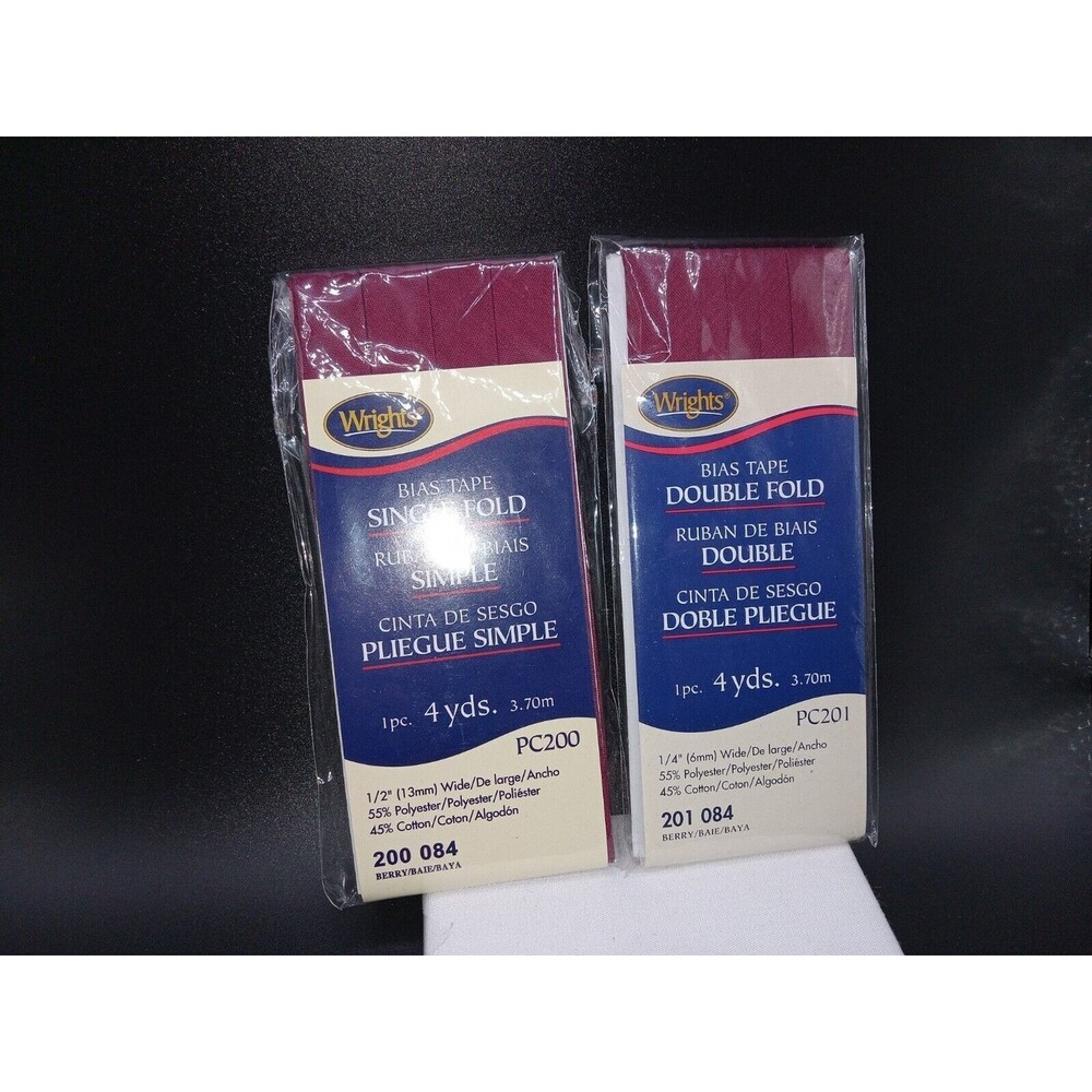 (2) Wrights (PC200-084 201-084) S+D Fold Bias Tape Berry 4 Yd, 1/4" wide